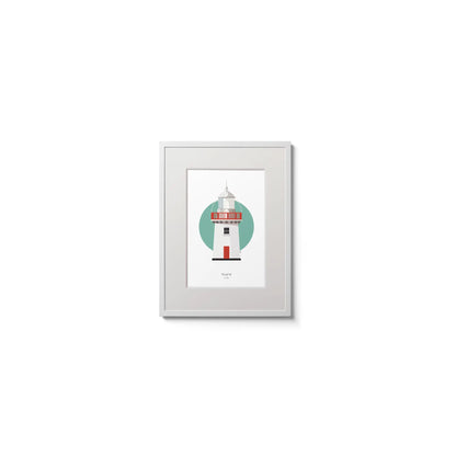 Illustration of Youghal lighthouse on a white background inside light blue square,  in a white frame measuring 15x20cm.
