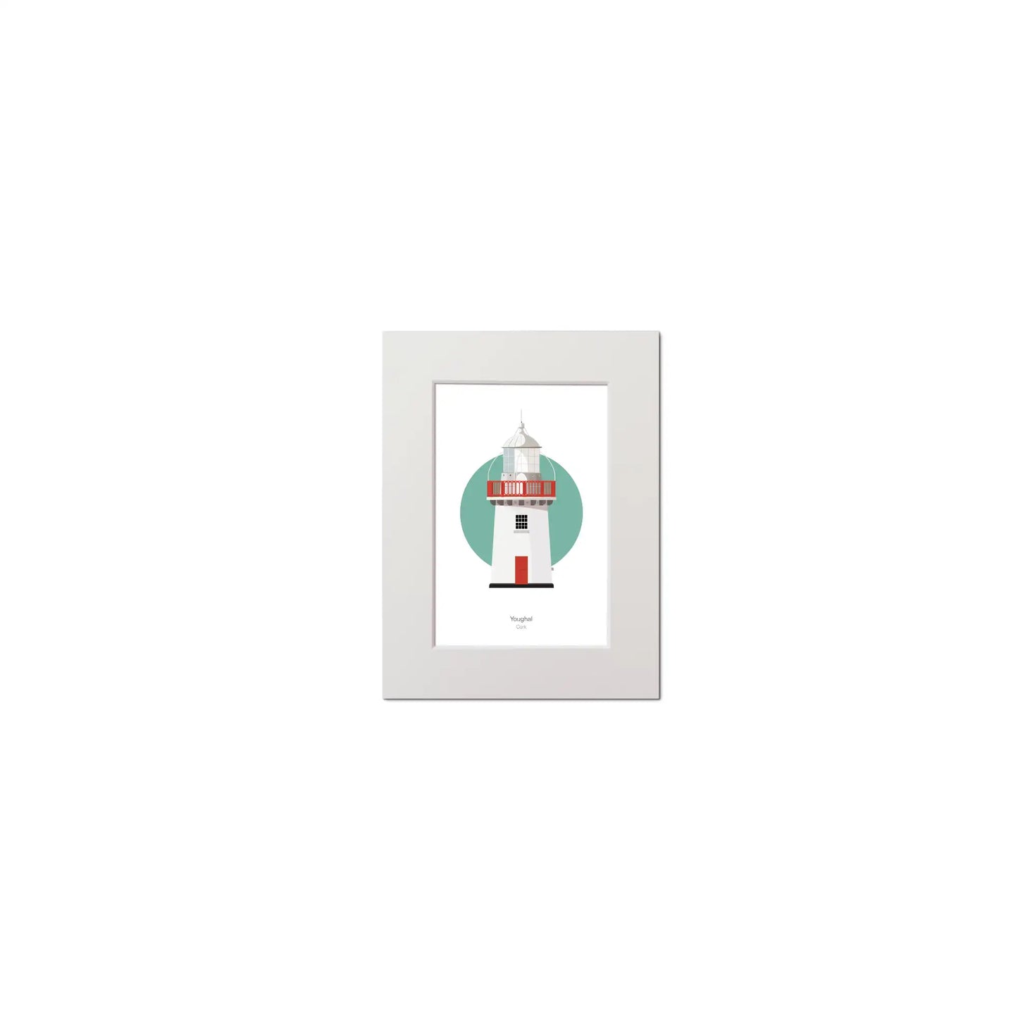 Illustration of Youghal lighthouse on a white background inside light blue square, mounted and measuring 15x20cm.