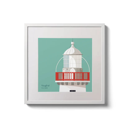 Illustration of Valentia Island lighthouse on an ocean green background,  in a white square frame measuring 20x20cm.