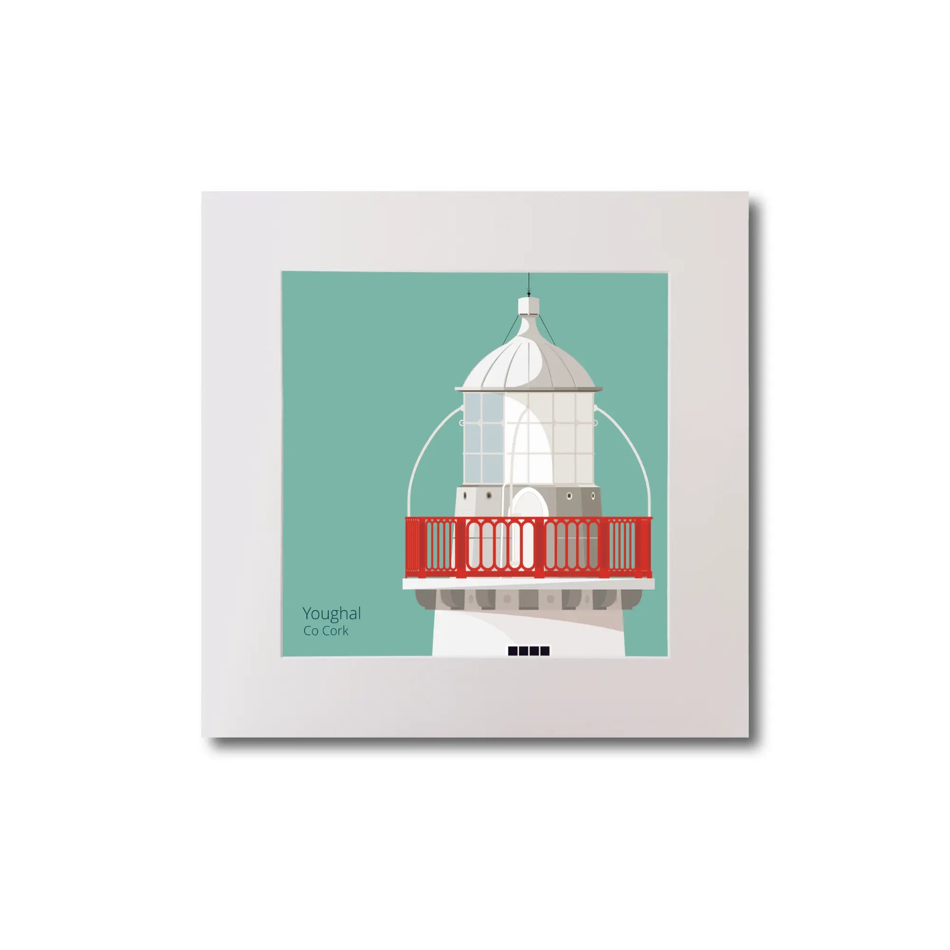 Illustration of Valentia Island lighthouse on an ocean green background, mounted and measuring 20x20cm.
