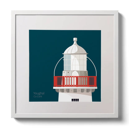 Illustration of Valentia Island lighthouse on a midnight blue background,  in a white square frame measuring 30x30cm.