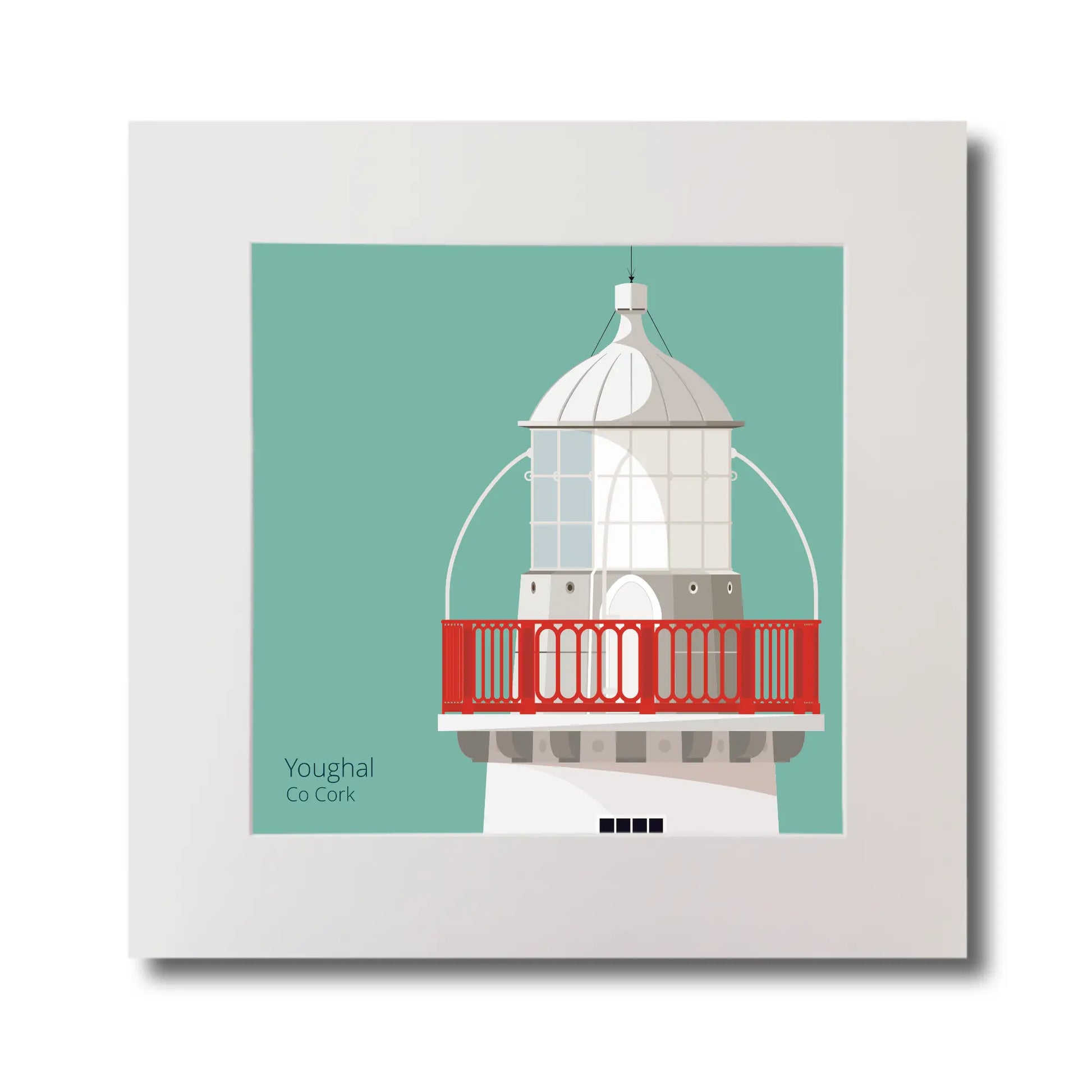Illustration of Valentia Island lighthouse on an ocean green background, mounted and measuring 30x30cm.
