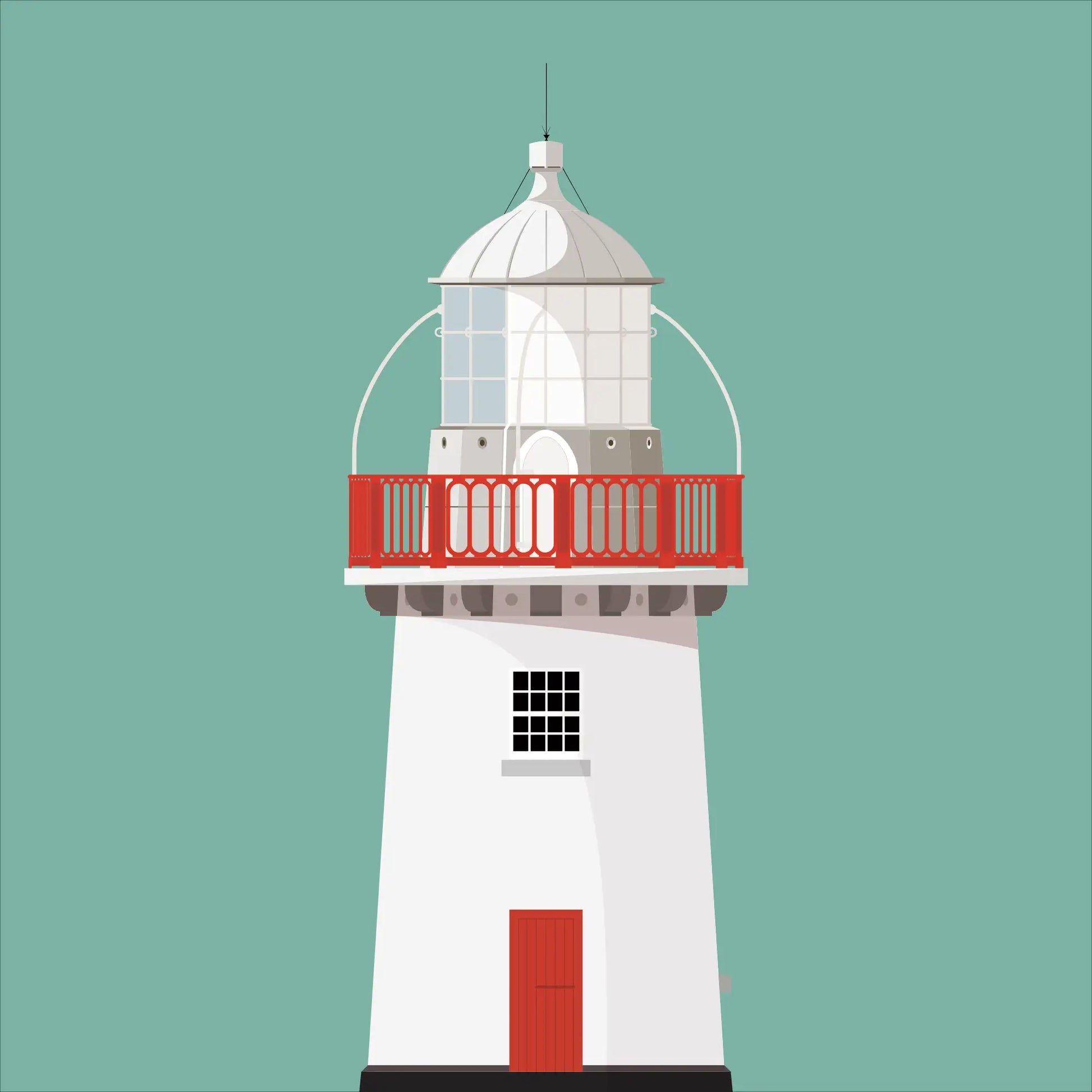 Illustration of Youghal lighthouse on a white background inside light blue square.