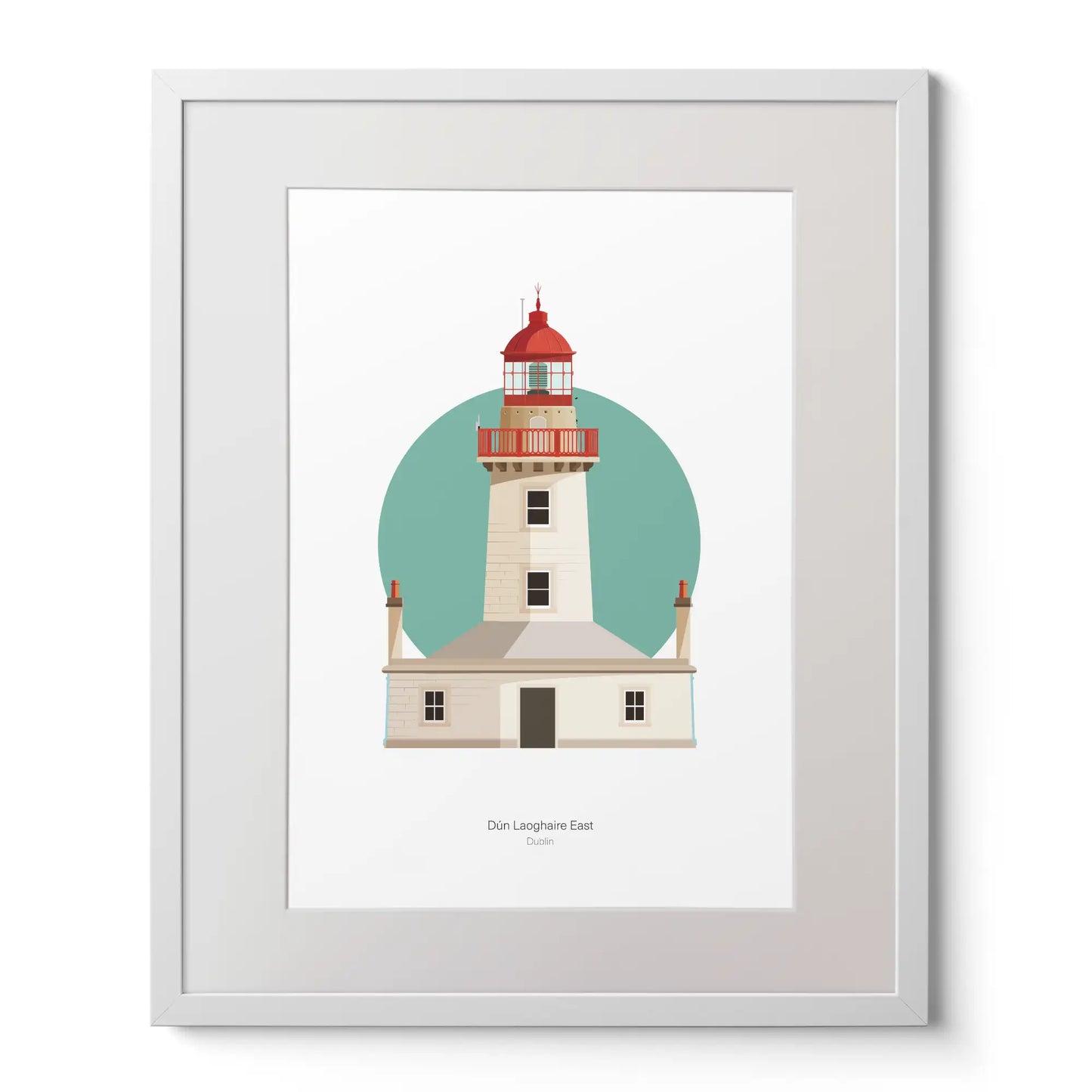 Illustration of Dún Laoghaire East lighthouse on a white background inside light blue square,  in a white frame measuring 40x50cm.