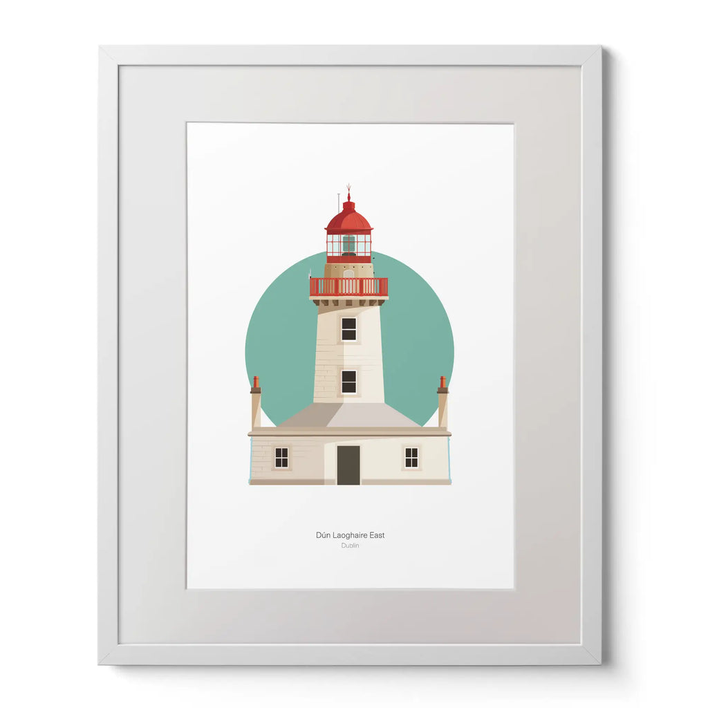 Illustration of Dún Laoghaire East lighthouse on a white background inside light blue square,  in a white frame measuring 40x50cm.