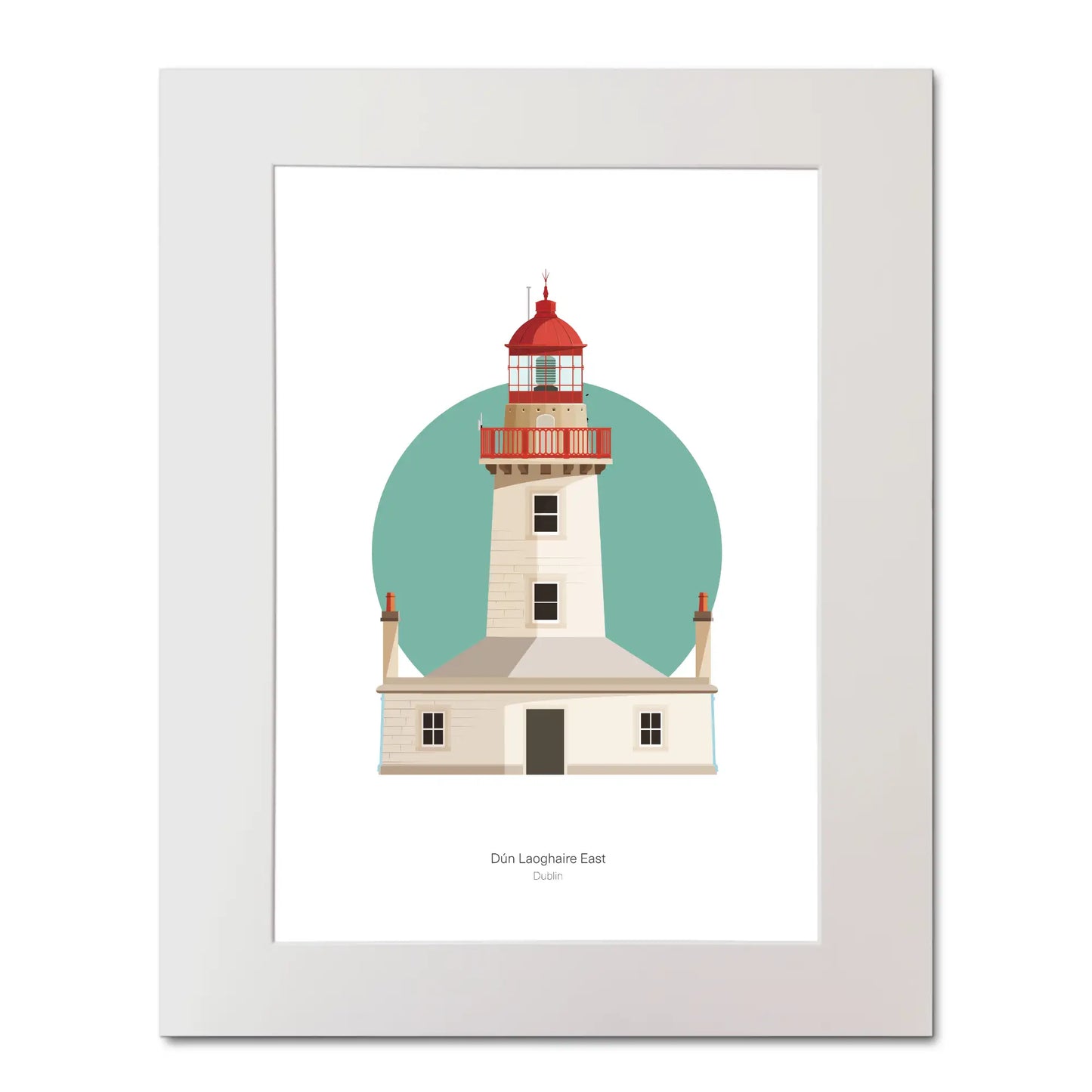 Illustration of Dún Laoghaire East lighthouse on a white background inside light blue square, mounted and measuring 40x50cm.
