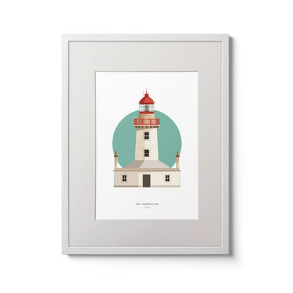 Illustration of Dún Laoghaire East lighthouse on a white background inside light blue square,  in a white frame measuring 30x40cm.