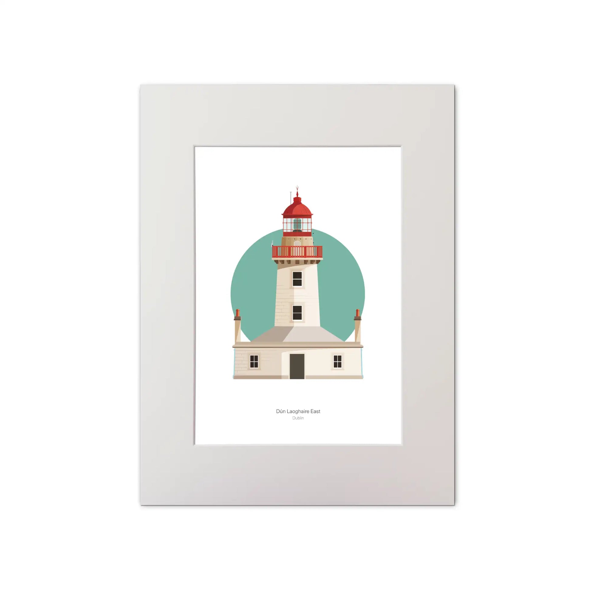 Illustration of Dún Laoghaire East lighthouse on a white background inside light blue square, mounted and measuring 30x40cm.