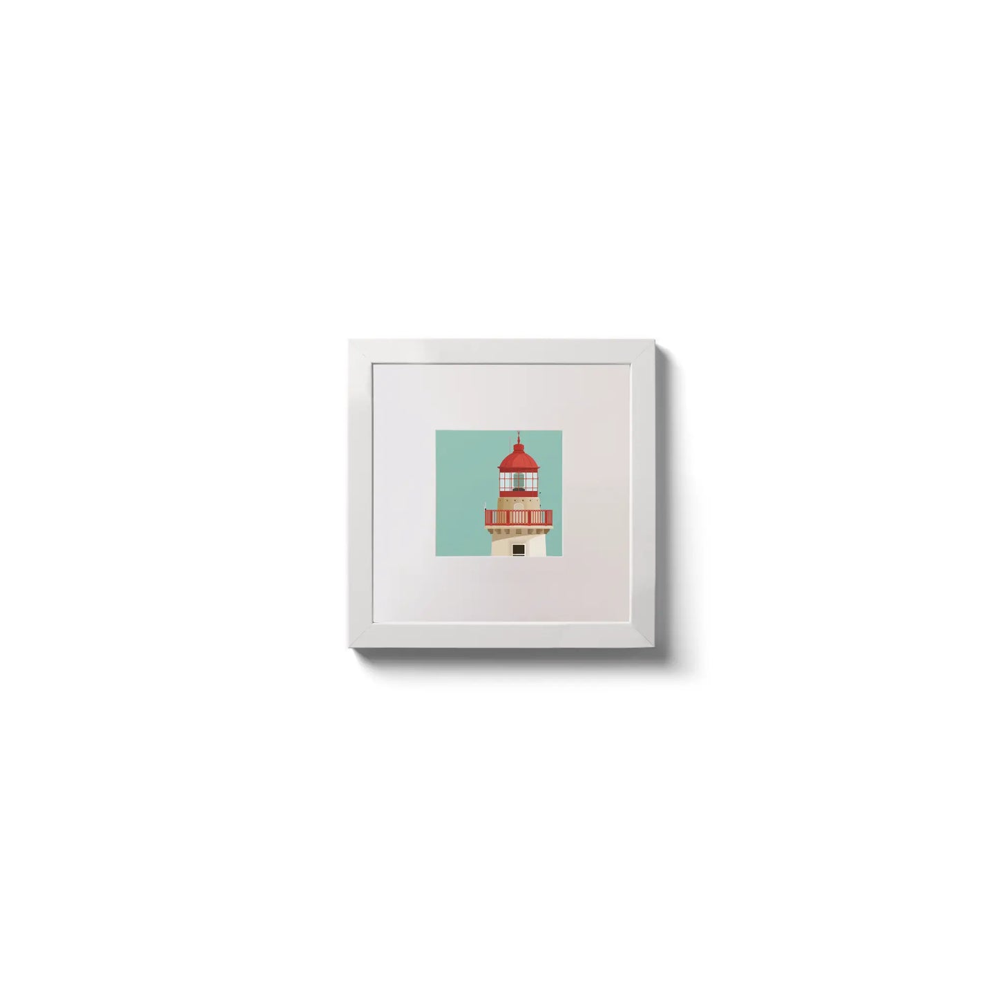 Illustration of Dún Laoghaire East lighthouse on an ocean green background,  in a white square frame measuring 10x10cm.
