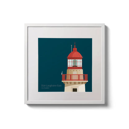 Illustration of Dún Laoghaire East lighthouse on a midnight blue background,  in a white square frame measuring 20x20cm.
