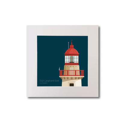Illustration of Dún Laoghaire East lighthouse on a midnight blue background, mounted and measuring 20x20cm.