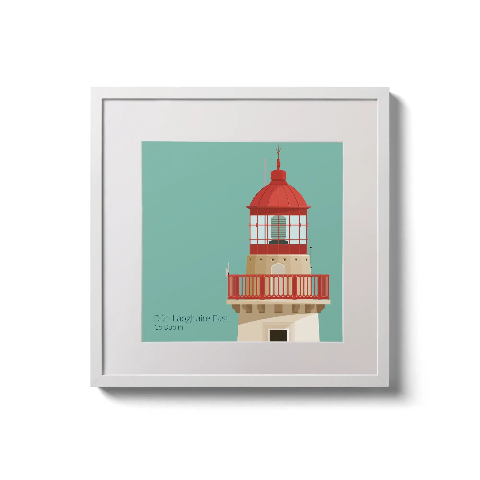 Illustration of Dún Laoghaire East lighthouse on an ocean green background,  in a white square frame measuring 20x20cm.