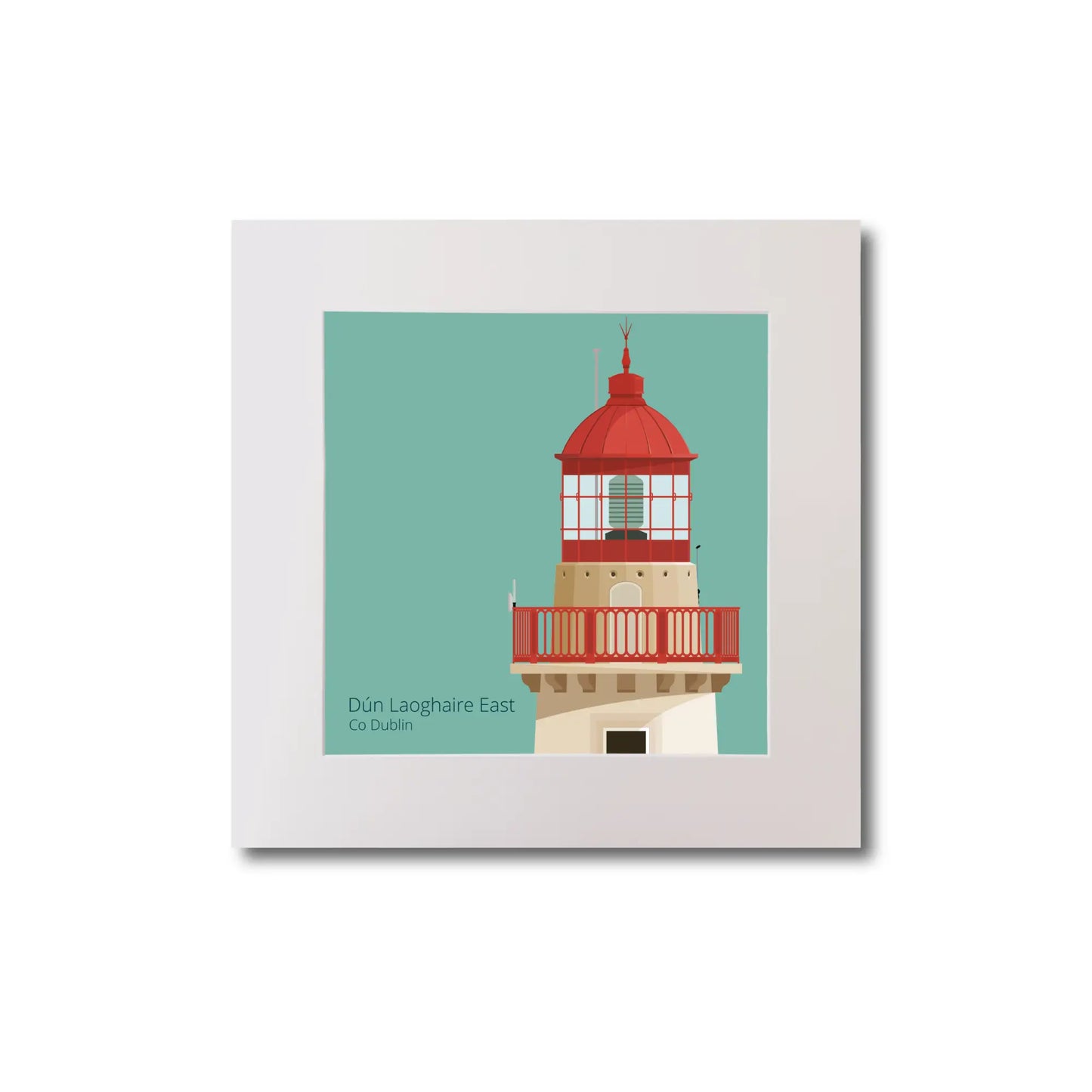 Illustration of Dún Laoghaire East lighthouse on an ocean green background, mounted and measuring 20x20cm.