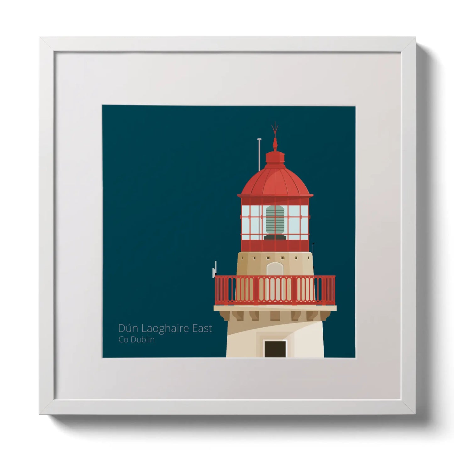 Illustration of Dún Laoghaire East lighthouse on a midnight blue background,  in a white square frame measuring 30x30cm.
