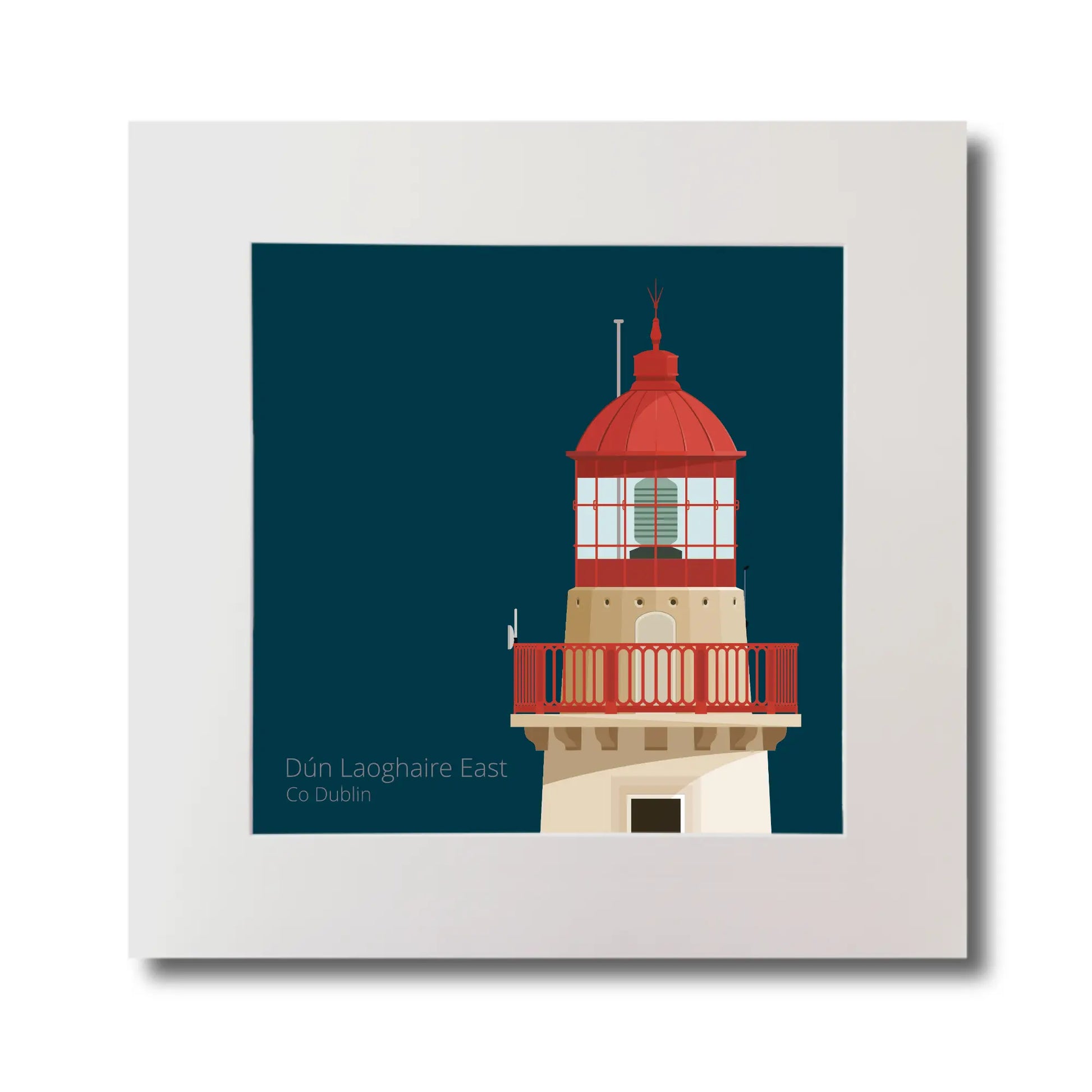 Illustration of Dún Laoghaire East lighthouse on a midnight blue background, mounted and measuring 30x30cm.