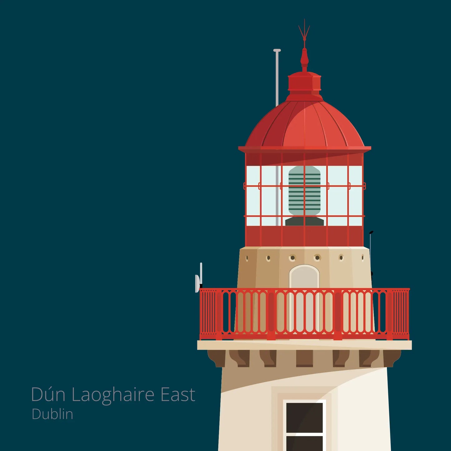 Illustration of Dún Laoghaire East lighthouse on a midnight blue background
