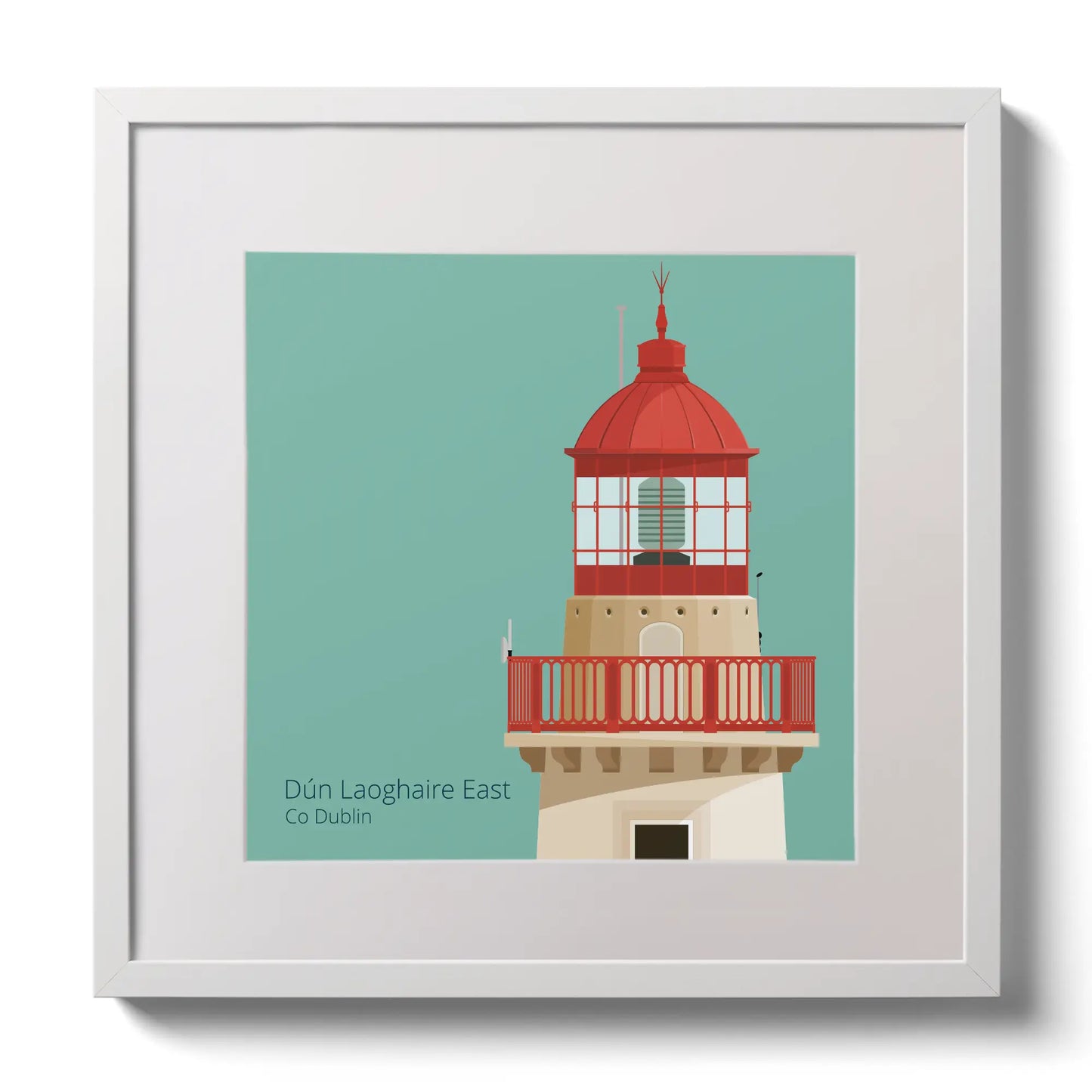 Illustration of Dún Laoghaire East lighthouse on an ocean green background,  in a white square frame measuring 30x30cm.