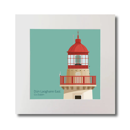 Illustration of Dún Laoghaire East lighthouse on an ocean green background, mounted and measuring 30x30cm.