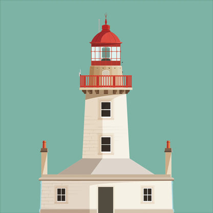 Illustration of Dún Laoghaire East lighthouse on a white background inside light blue square.