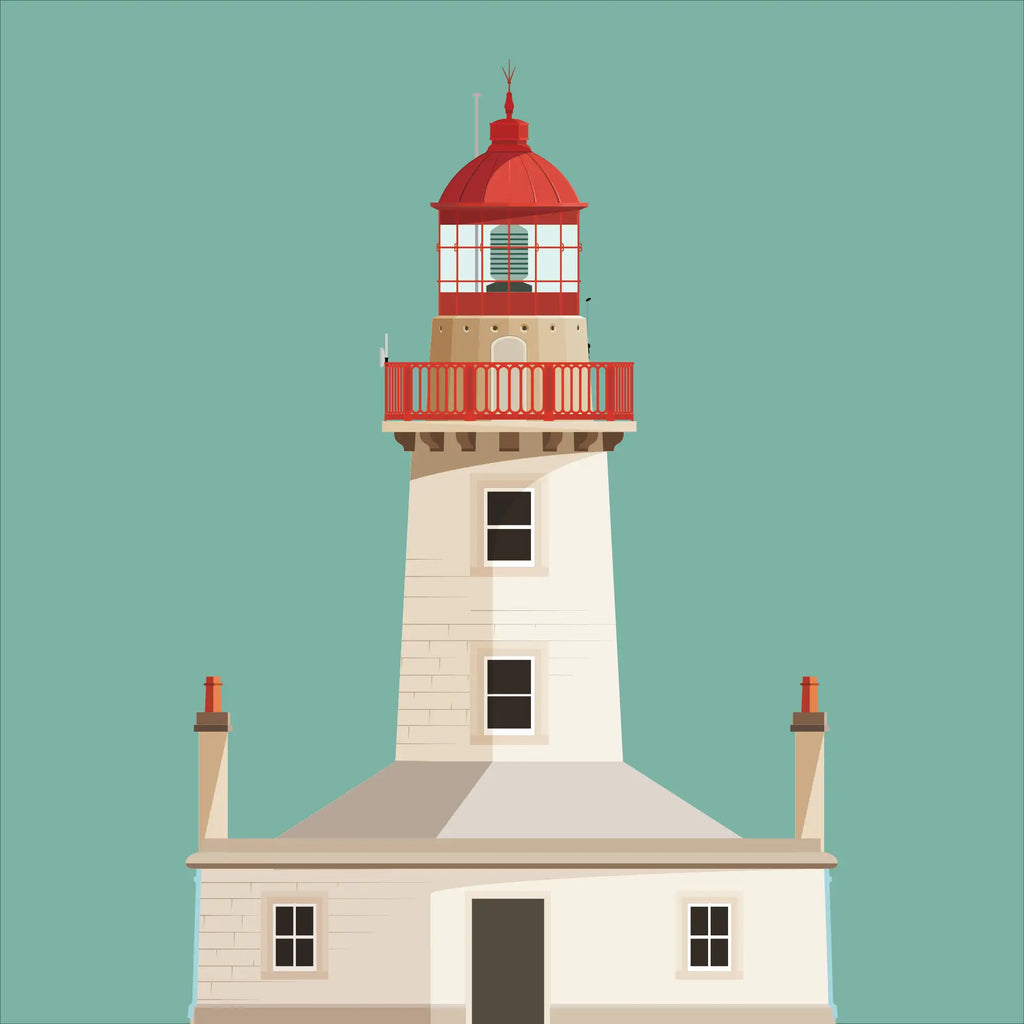 Illustration of Dún Laoghaire East lighthouse on a white background inside light blue square.