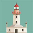 Illustration of Dún Laoghaire East lighthouse on a white background inside light blue square.