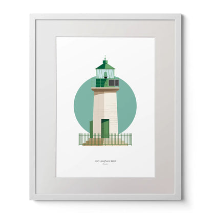 Illustration of Dún Laoghaire West lighthouse on a white background inside light blue square,  in a white frame measuring 40x50cm
