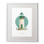 Illustration of Dún Laoghaire West lighthouse on a white background inside light blue square,  in a white frame measuring 40x50cm