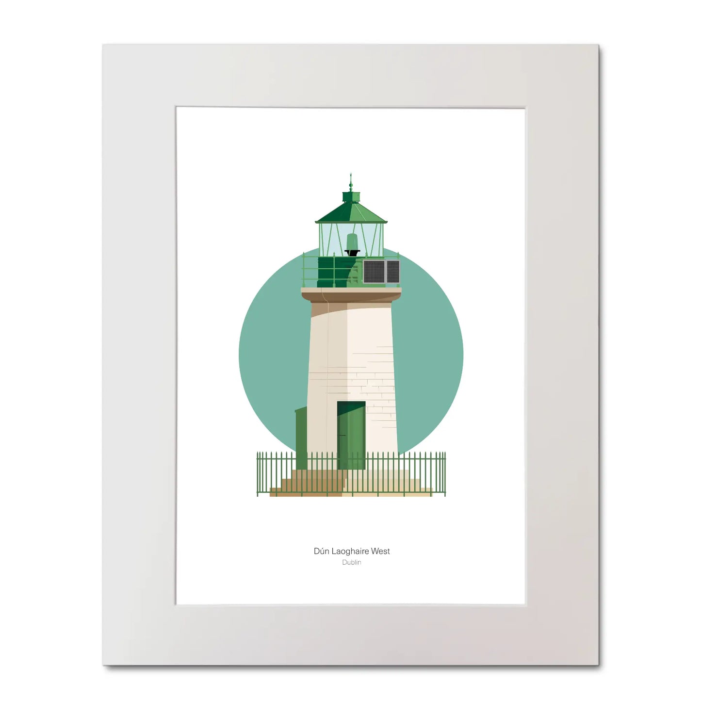 Illustration of Dún Laoghaire West lighthouse on a white background inside light blue square, mounted and measuring 40x50cm.