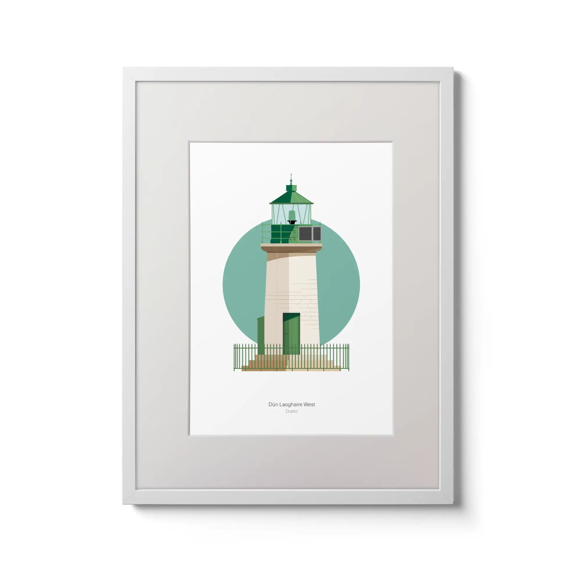 Illustration of Dún Laoghaire West lighthouse on a white background inside light blue square,  in a white frame measuring 30x40cm.