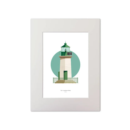 Illustration of Dún Laoghaire West lighthouse on a white background inside light blue square, mounted and measuring 30x40cm.