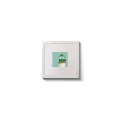 Illustration of Dún Laoghaire West lighthouse on an ocean green background,  in a white square frame measuring 10x10cm.