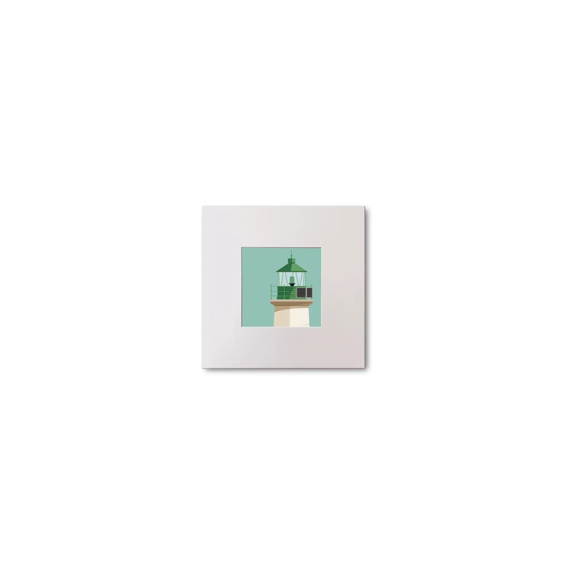 Illustration of Dún Laoghaire West lighthouse on an ocean green background, mounted and measuring 10x10cm.