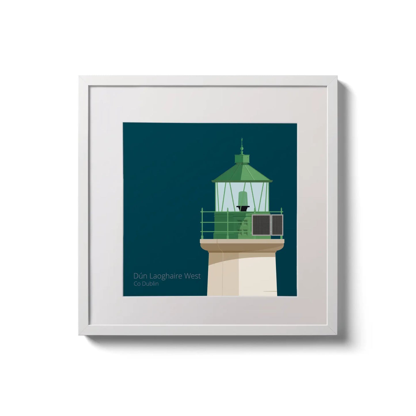 Illustration of Dún Laoghaire West lighthouse on a midnight blue background,  in a white square frame measuring 20x20cm.