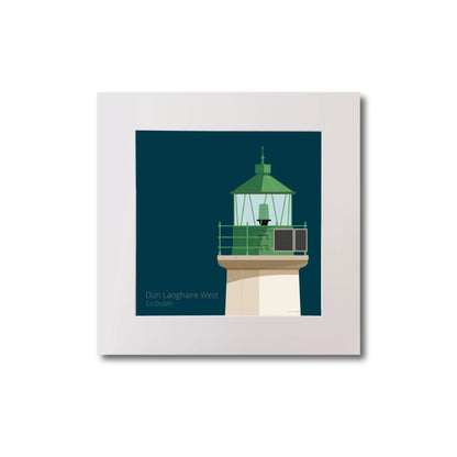 Illustration of Dún Laoghaire West lighthouse on a midnight blue background, mounted and measuring 20x20cm.