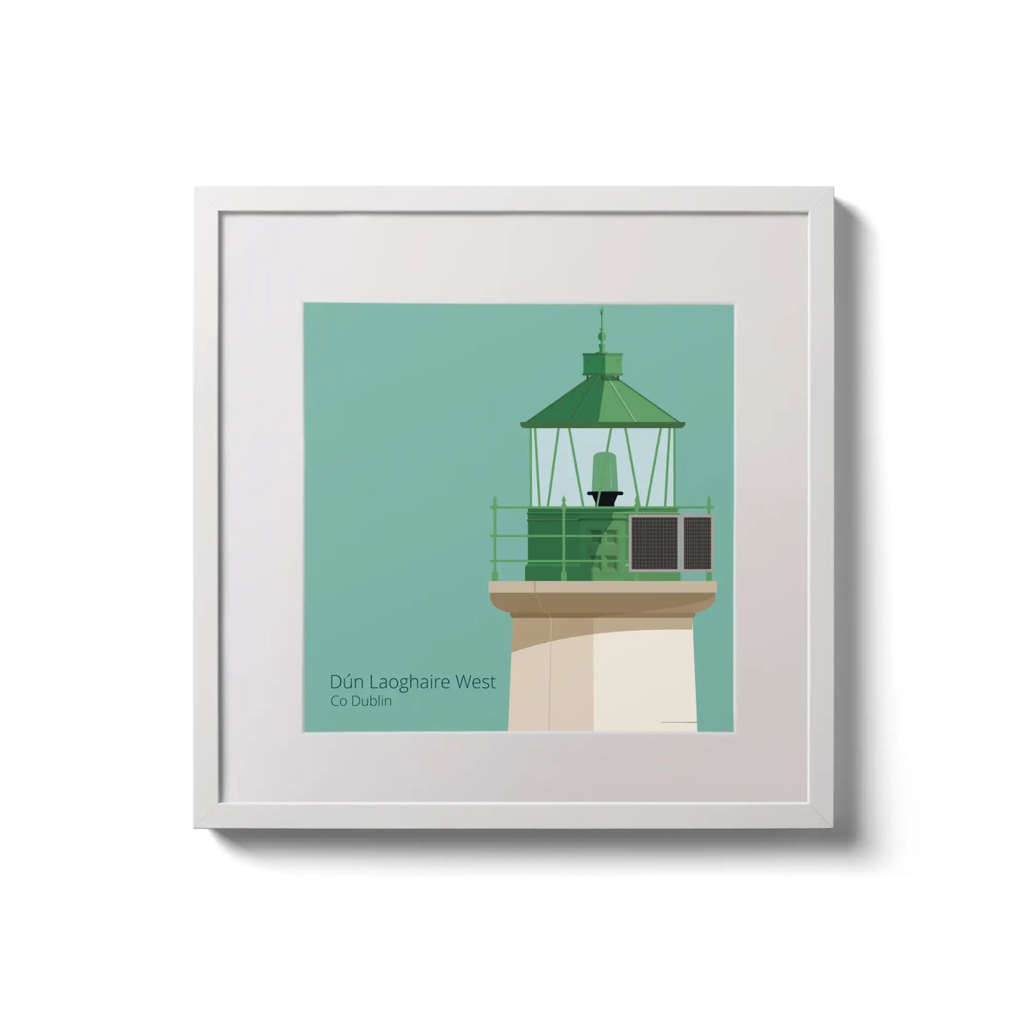 Illustration of Dún Laoghaire West lighthouse on an ocean green background,  in a white square frame measuring 20x20cm.