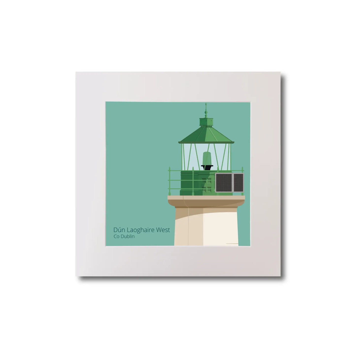 Illustration of Dún Laoghaire West lighthouse on an ocean green background, mounted and measuring 20x20cm.
