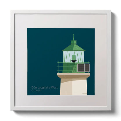 Illustration of Dún Laoghaire West lighthouse on a midnight blue background,  in a white square frame measuring 30x30cm.