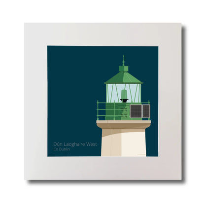 Illustration of Dún Laoghaire West lighthouse on a midnight blue background, mounted and measuring 30x30cm.