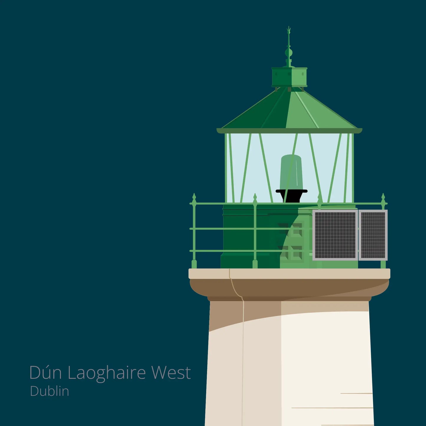 Illustration of Dún Laoghaire West lighthouse on a midnight blue background