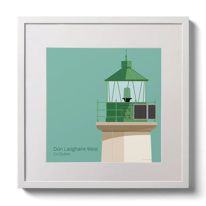 Illustration of Dún Laoghaire West lighthouse on an ocean green background,  in a white square frame measuring 30x30cm.