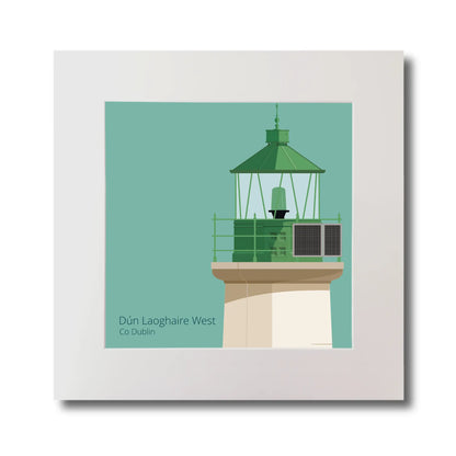 Illustration of Dún Laoghaire West lighthouse on an ocean green background, mounted and measuring 30x30cm.