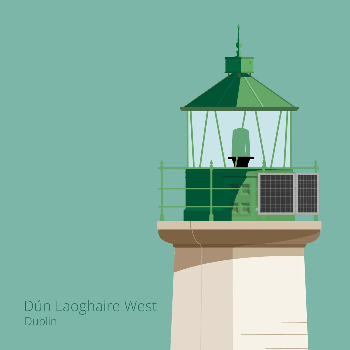 Illustration of Dún Laoghaire West lighthouse on an ocean green background