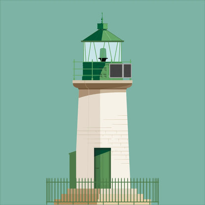 Illustration of Dún Laoghaire West lighthouse on a white background inside light blue square.