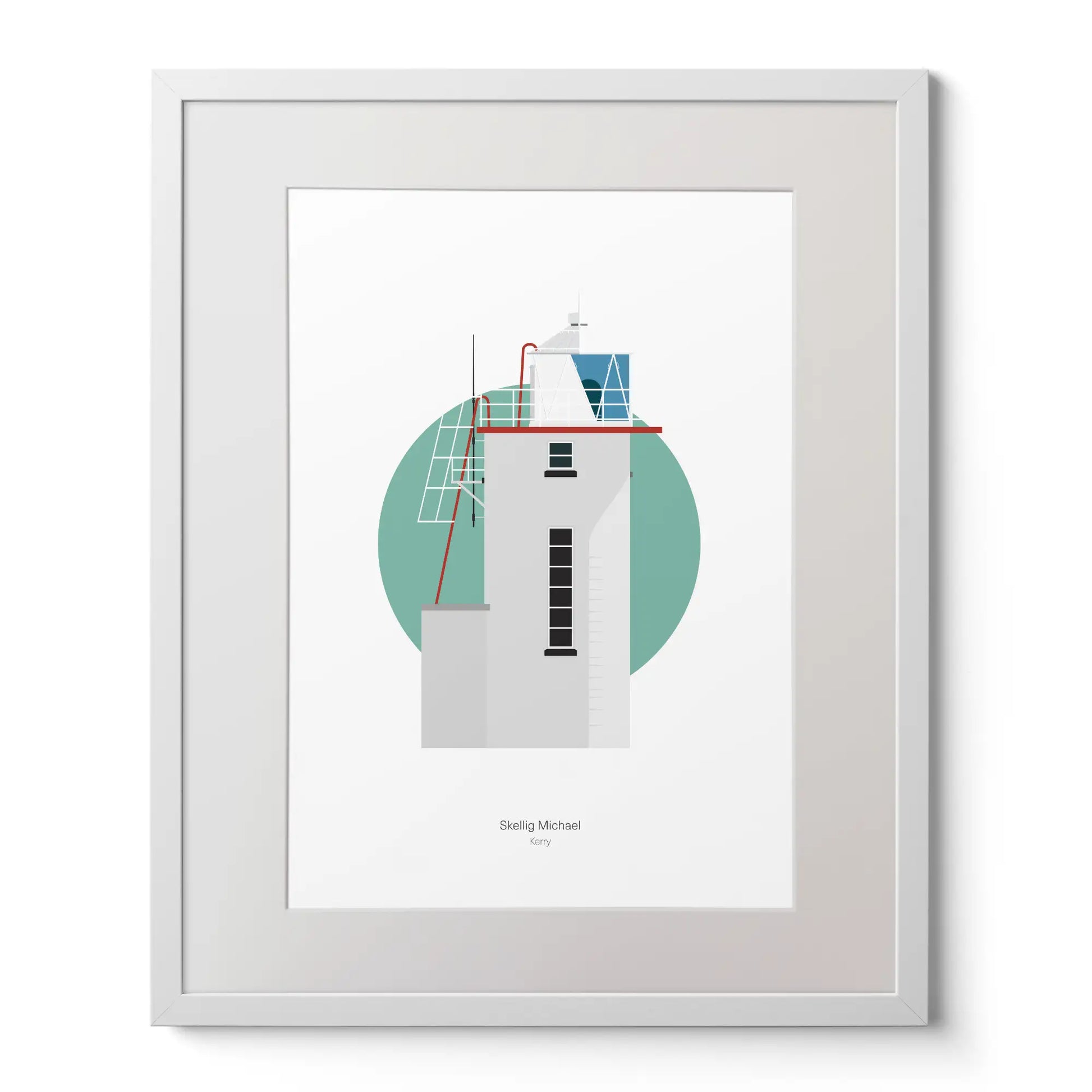 Illustration of Skelligs lighthouse on a white background inside light blue square,  in a white frame measuring 40x50cm.