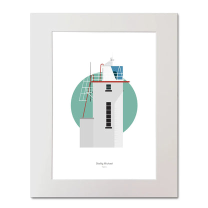 Illustration of Skelligs lighthouse on a white background inside light blue square, mounted and measuring 40x50cm.