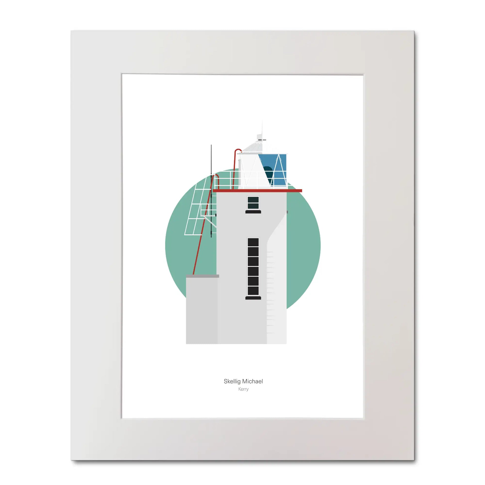 Illustration of Skelligs lighthouse on a white background inside light blue square, mounted and measuring 40x50cm.