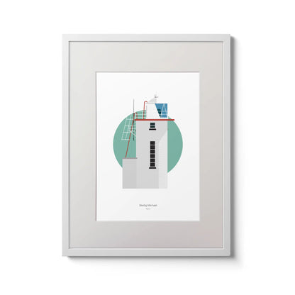 Illustration of Skelligs lighthouse on a white background inside light blue square,  in a white frame measuring 30x40cm.
