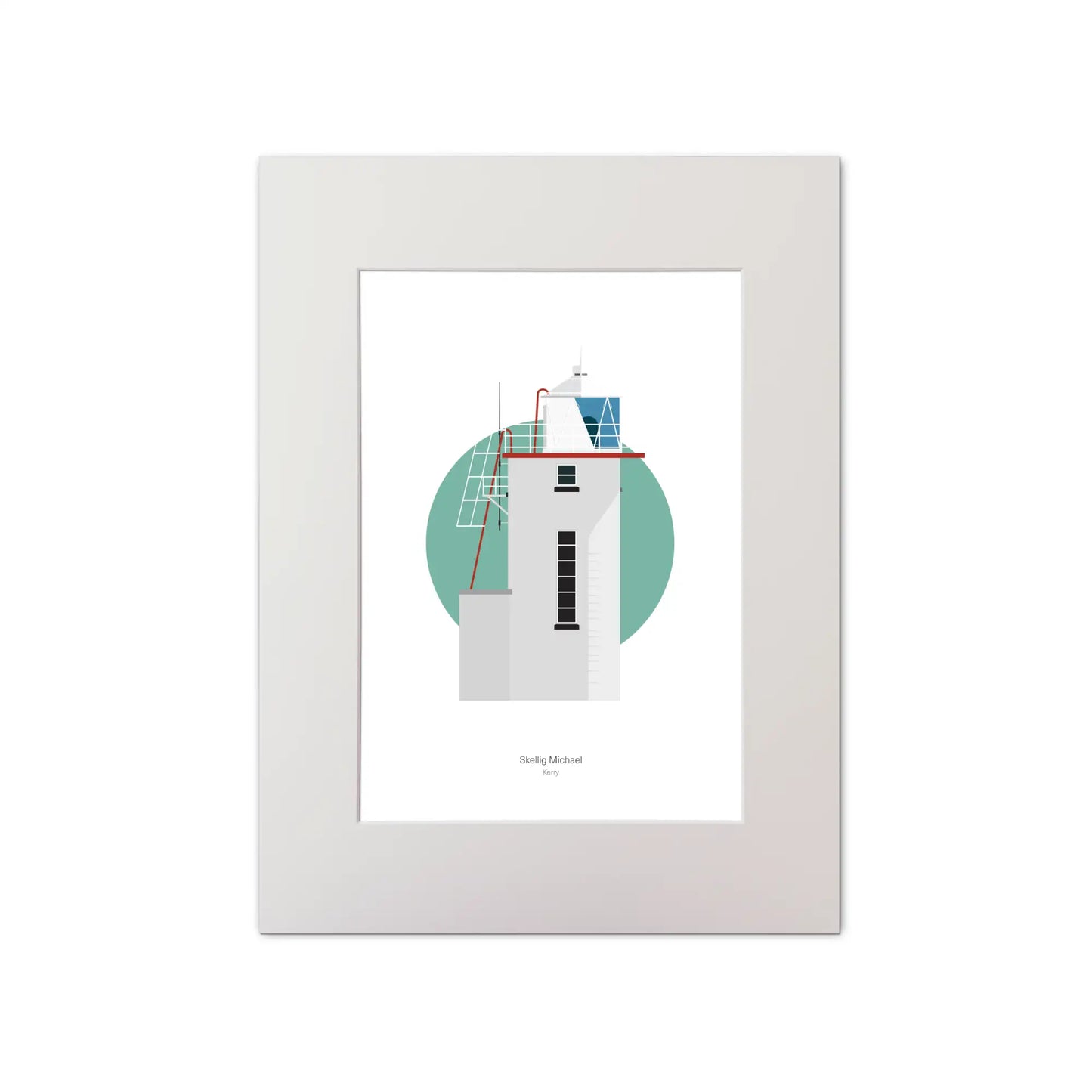 Illustration of Skelligs lighthouse on a white background inside light blue square, mounted and measuring 30x40cm.