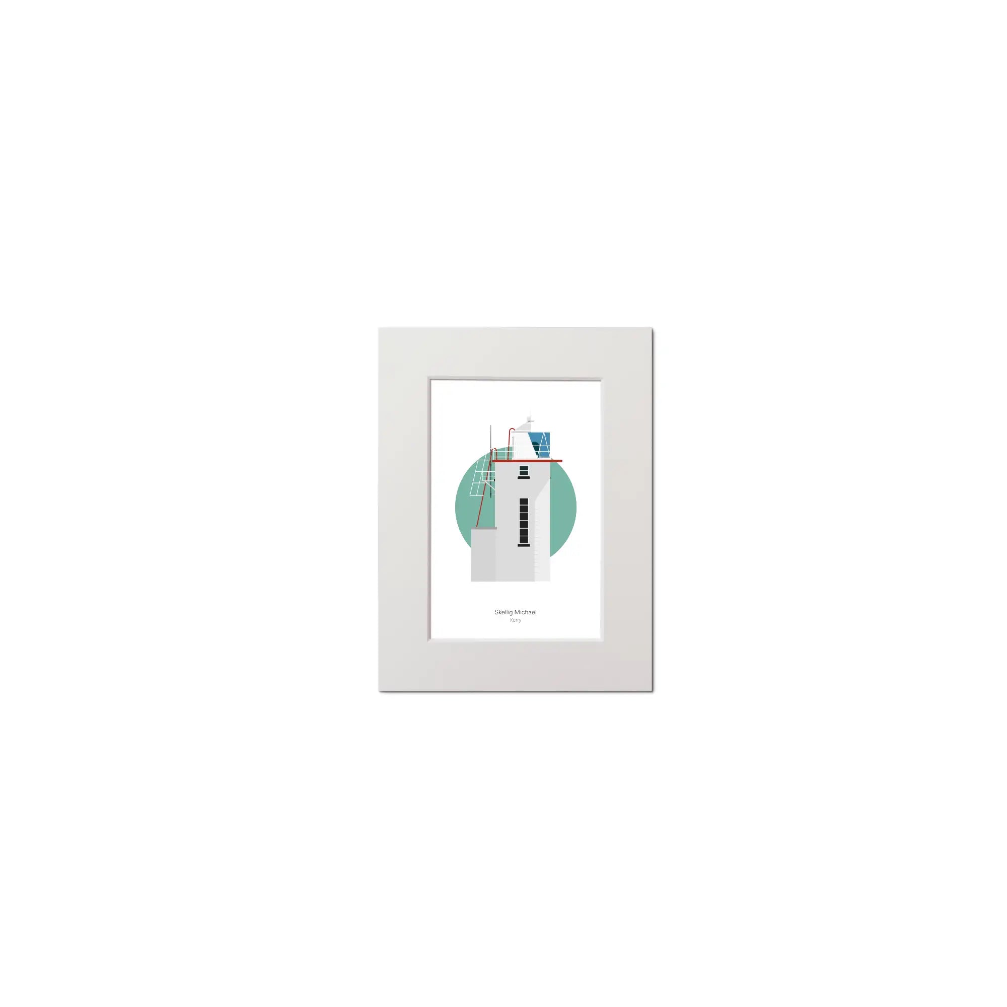 Illustration of Skelligs lighthouse on a white background inside light blue square, mounted and measuring 15x20cm.