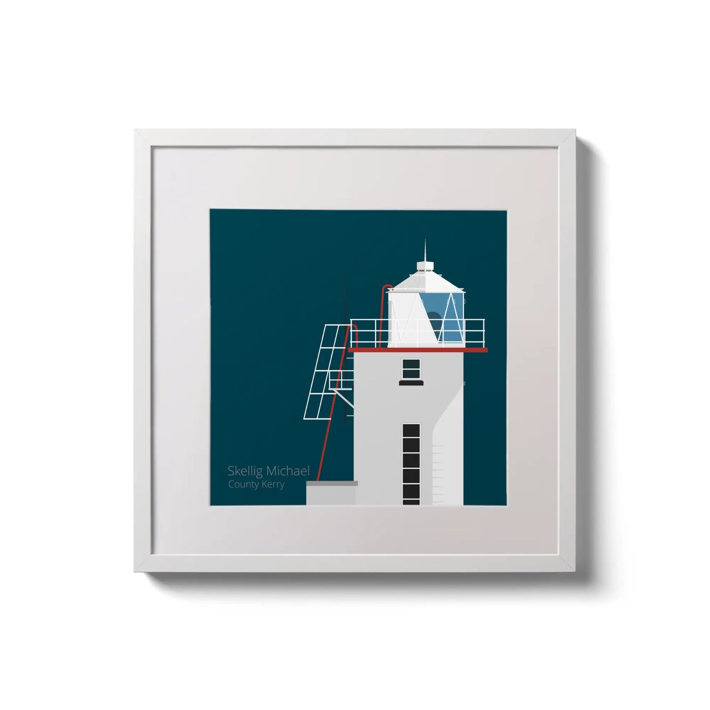 Illustration of Skellig Michael lighthouse on a midnight blue background,  in a white square frame measuring 20x20cm.